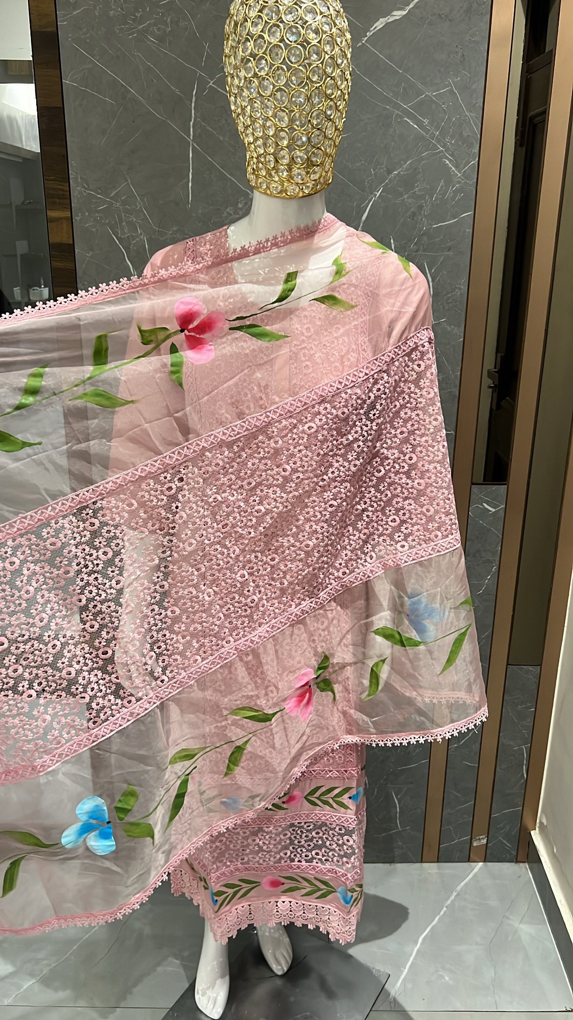 Pastel Pink Croatia Work Suit with Hand-Painted Dupatta - Image 2