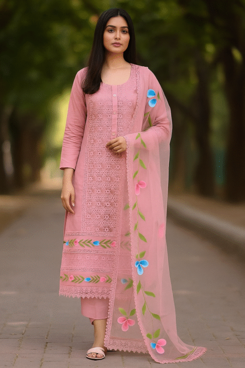 Pastel Pink Croatia Work Suit with Hand-Painted Dupatta
