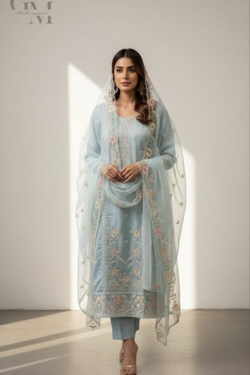 Pastel Blue Embroidered Suit with Dupatta – Luxe Floral Elegance