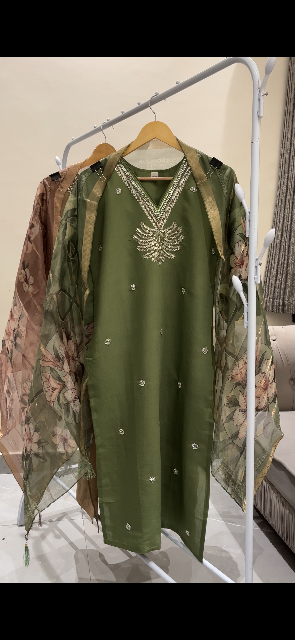 Elegant Olive Green Suit with Floral Dupatta - Image 2