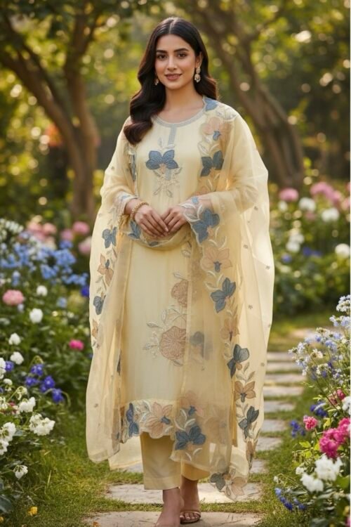 Ivory Roman Shimmar Suit with Floral Embroidered Dupatta