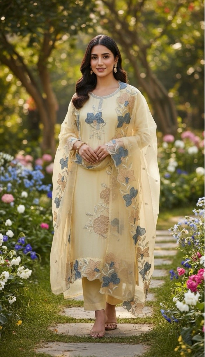 Ivory Roman Shimmar Suit with Floral Embroidered Dupatta
