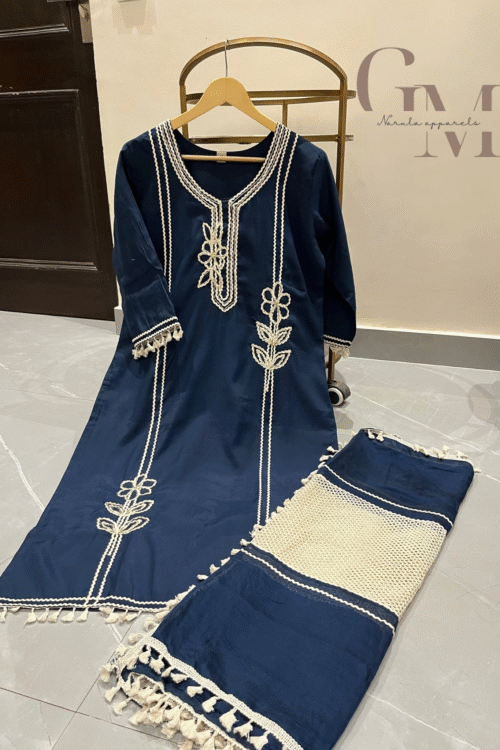 Navy Blue Roman Silk Suit with Chanderi Dupatta
