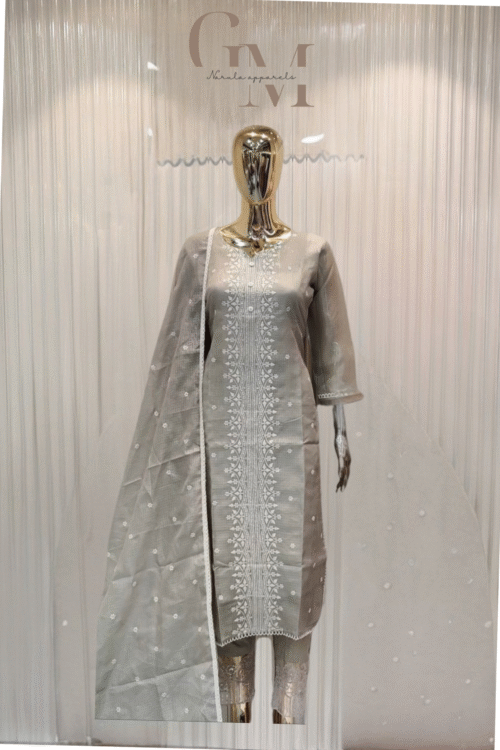 Pastel Grey Kota Check Suit with White Thread Embroidery
