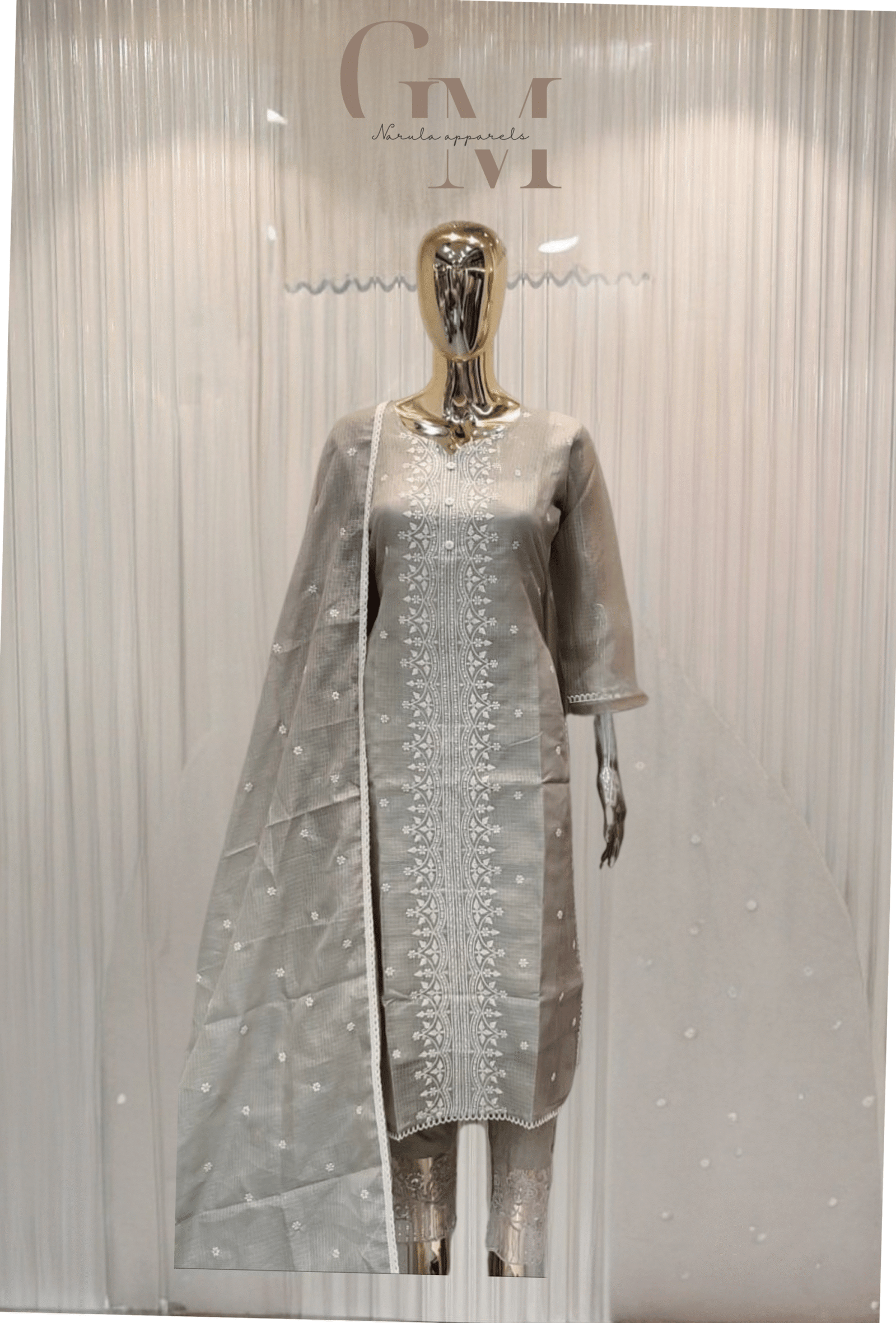 Pastel Grey Kota Check Suit with White Thread Embroidery