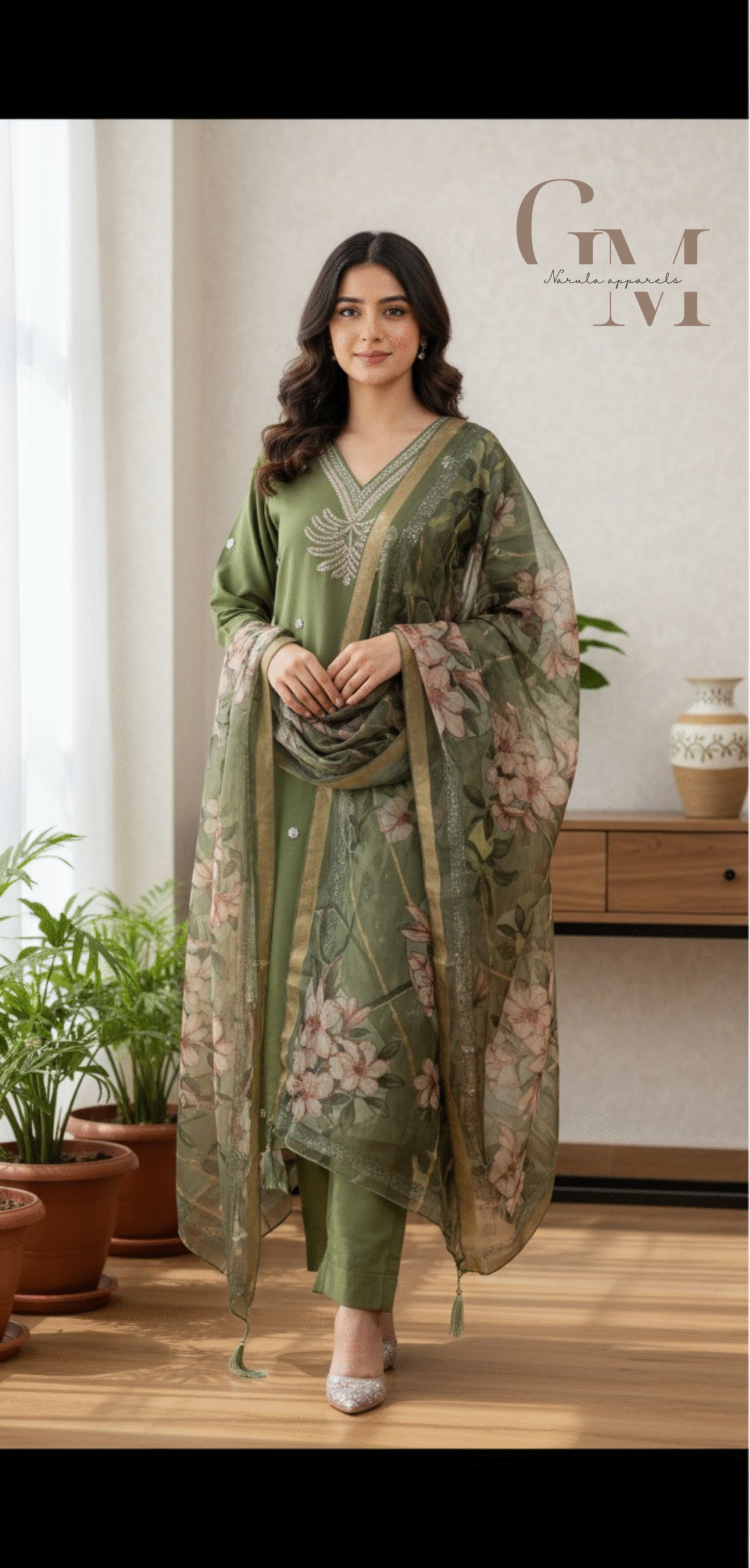 Elegant Olive Green Suit with Floral Dupatta
