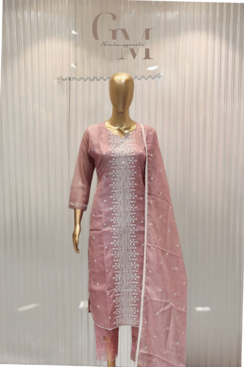 Pastel Pink Kota Check Suit with White Thread Embroidery