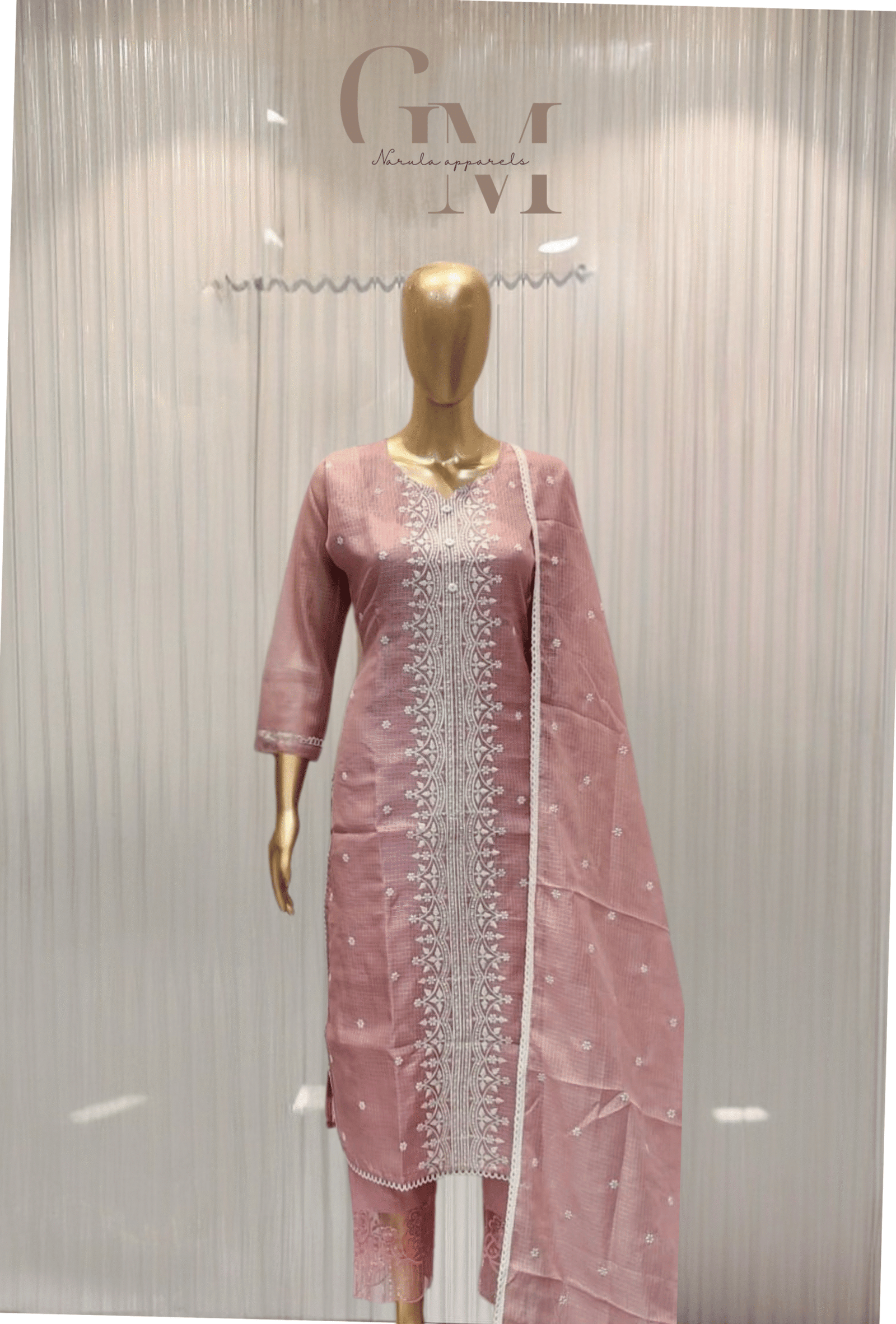 Pastel Pink Kota Check Suit with White Thread Embroidery