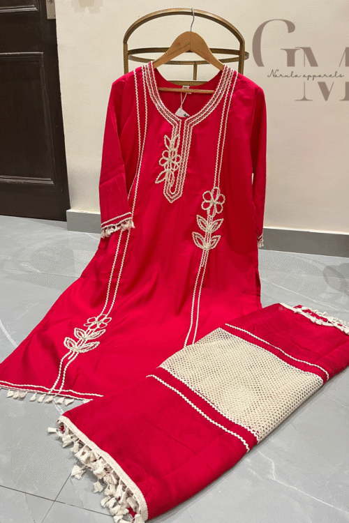 Red Roman Silk Embroidered Suit with Chanderi Dupatta