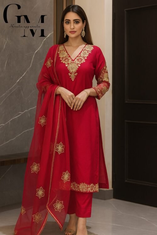 Deep Red Zari Embroidered Suit Set