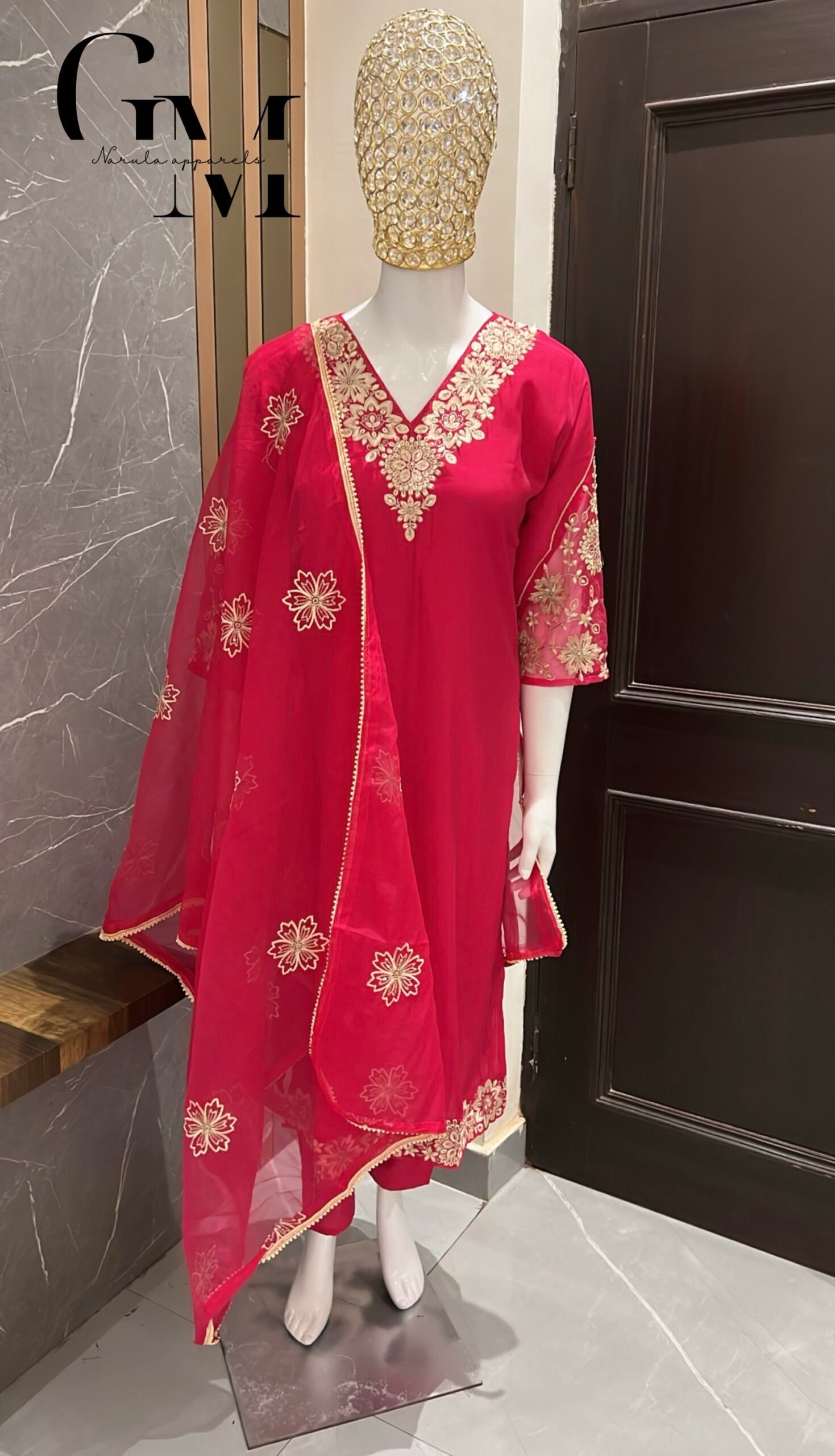 Deep Red Zari Embroidered Suit Set - Image 2