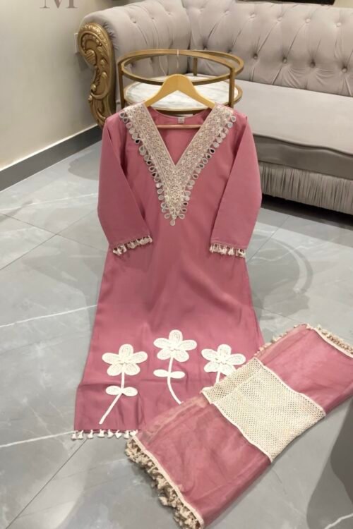 Baby Pink Crochet Work Suit Set