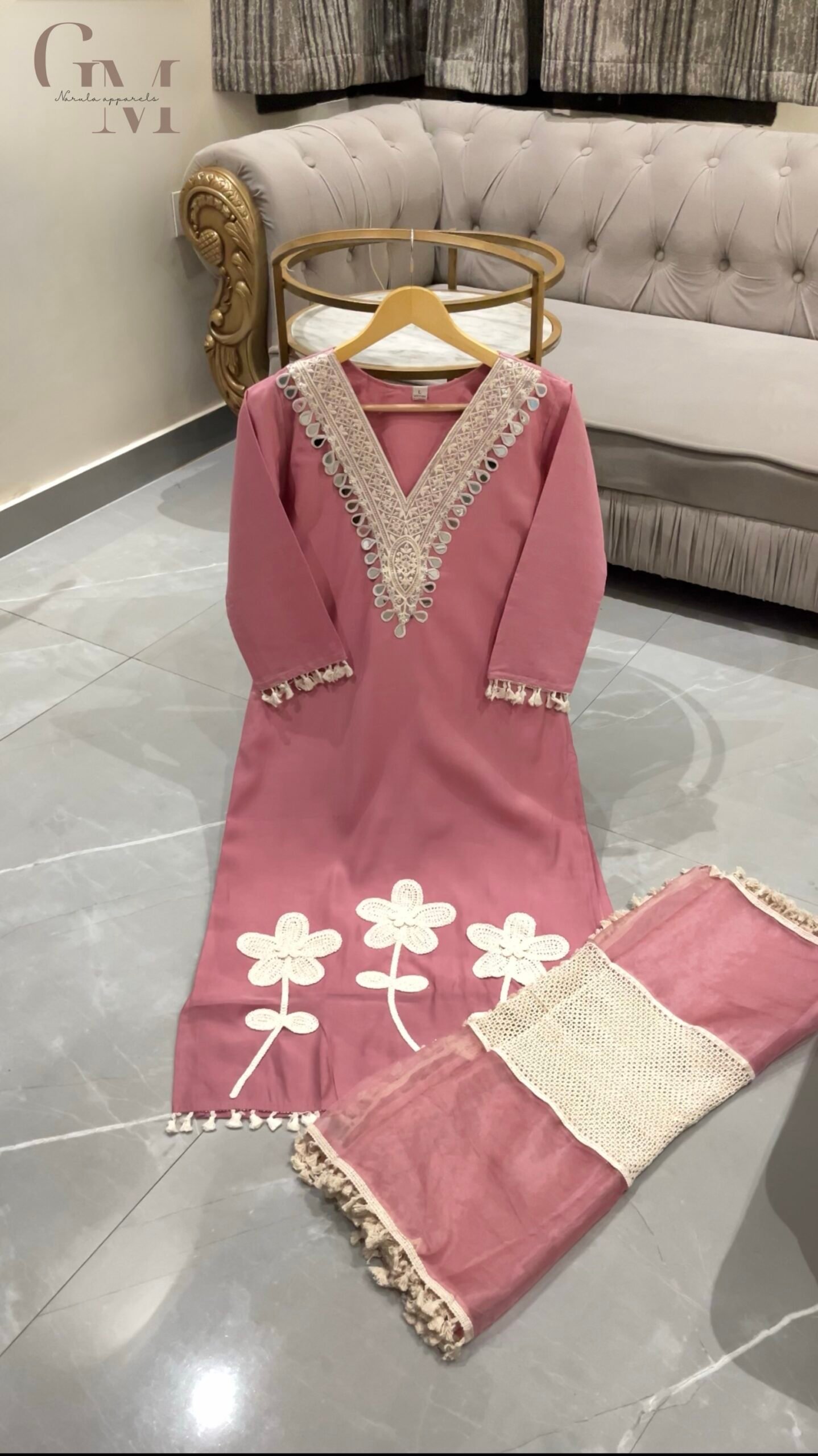 Baby Pink Crochet Work Suit Set