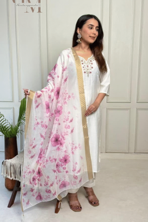 Plus Size Hand Work Suit With Print Organza Dupatta