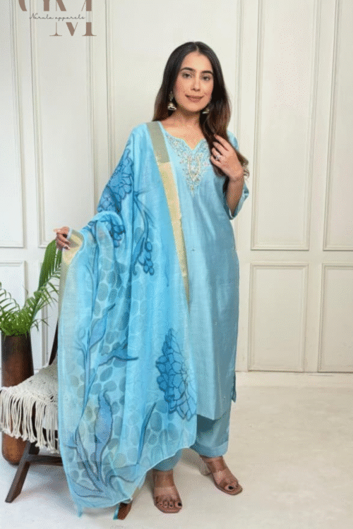 Plus Size Hand Work Suit With Print Organza Dupatta