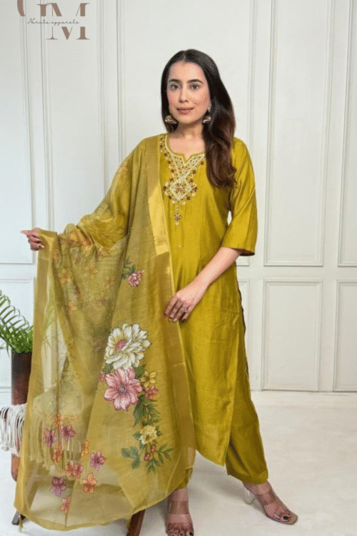 Plus Size Hand Work Suit With Print Organza Dupatta