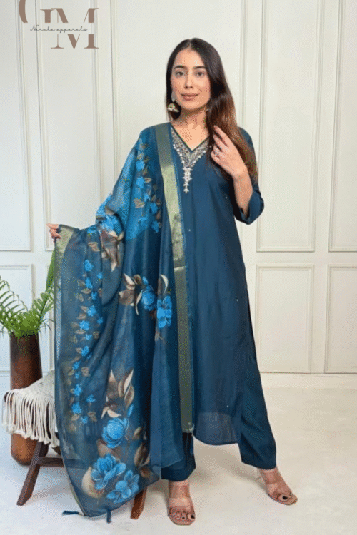 Plus Size Hand Work Suit With Print Organza Dupatta