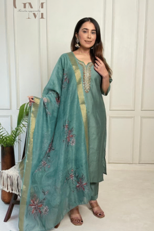 Plus Size Hand Work Suit With Print Organza Dupatta
