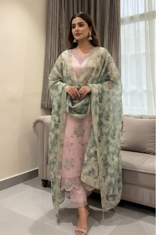 Pastel Pink Embroidered Suit Set with Printed Organza Dupatta