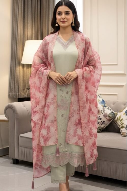 Pastel Green Suit Set with Pink Organza Dupatta