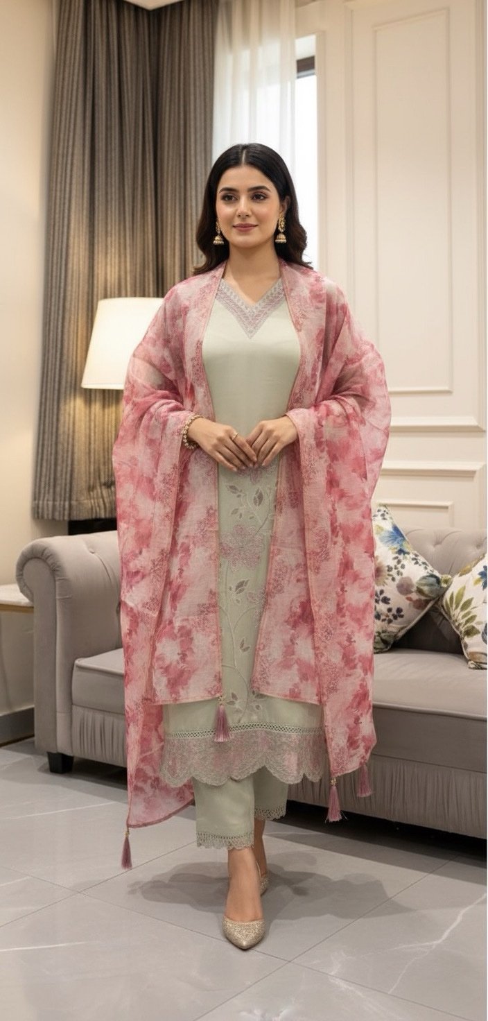 Pastel Green Suit Set with Pink Organza Dupatta