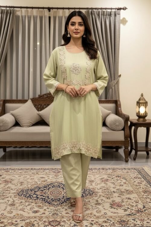 Elegant Pastel Green Floral Embroidered Cord Set