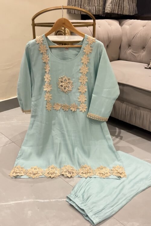 Elegant Aqua Blue Floral Embroidered Cord Set