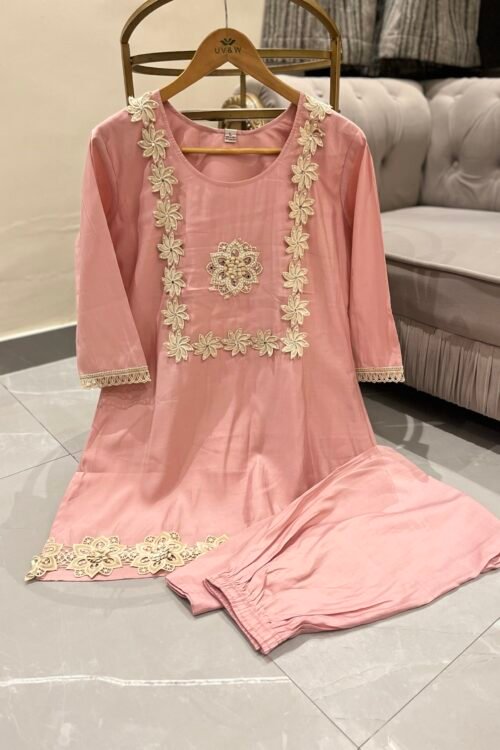 Elegant Peach Pink Floral Embroidered Cord Set