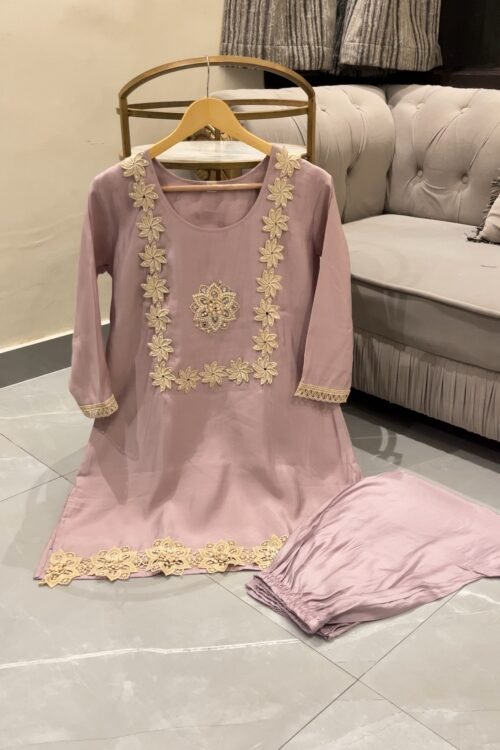 Dusty Mauve Cord Set with Classic Floral Embroidery